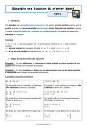 Résoudre une équation du premier degré - Cours : Secondaire 3 - PDF à imprimer
