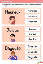 Heureux, jaloux et dégouté - Les émotions - Lecture : Maternelle 1 - PDF à imprimer