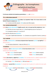 Les homophones lexicaux- Fiches sa/ça/çà et tout/tous - Cours, Leçon, trace écrite : Primaire 4 - PDF à imprimer