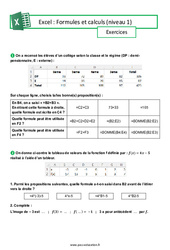 Formules et calculs (Excel) - Niveau 1 - Exercices : Secondaire 3 - Cycle 4 - PDF à imprimer