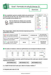 Formules et calculs (Excel) - Niveau 2 - Exercices : Secondaire 3 - Cycle 4 - PDF à imprimer