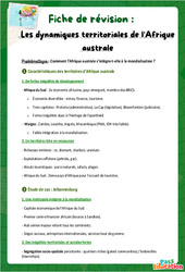 Les dynamiques territoriales de l'Afrique australe - Fiches de révision : Secondaire 2 - Cycle 4 - PDF à imprimer