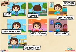 Greetings - Vocabulaire - Cours, Leçon/Flashcard - Apprends l'anglais avec Kelly and James : Maternelle 2, [Primaire] - Cycle 1 - PDF à imprimer