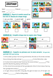 Greetings - Vocabulaire - Exercices - Apprends l'anglais avec Kelly and James : Maternelle 2, [Primaire] - Cycle 1 - PDF à imprimer