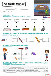 School supplies - Vocabulaire - Exercices - Apprends l'anglais avec Kelly and James : Maternelle 2, [Primaire] - Cycle 2 - PDF à imprimer