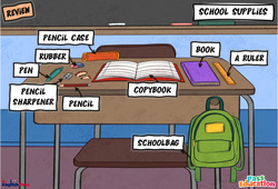 School supplies - Cours, Leçon/Flashcard - Apprends l'anglais avec Kelly and James : Maternelle 2, [Primaire] - PDF à imprimer