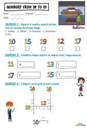 Numbers (from 10 to 19) - Vocabulaire - Exercices - Apprends l'anglais avec Kelly and James : Maternelle 2, [Primaire] - Cycle 2 - PDF à imprimer