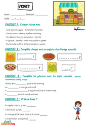 Fruits - Vocabulaire - Exercices - Apprends l'anglais avec Kelly and James : Maternelle 2, [Primaire] - Cycle 1 - PDF à imprimer
