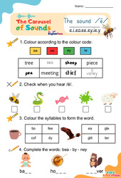 /ē/ e i ea ee ey ie y - Carousel of Sounds - Vidéo interactive + - Fiches + Poster : Maternelle 2, [Primaire] - PDF à imprimer