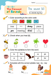 Le son [ē] e i ea ee ey ie y - Phonologie anglaise - Carousel of Sounds - Vidéo interactive + Fiche : Maternelle 2, [Primaire] - PDF à imprimer