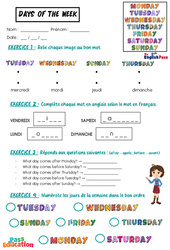 Days of the week - Vocabulaire - Exercices - Apprends l’anglais avec Kelly and James : Maternelle 2, [Primaire] - PDF à imprimer