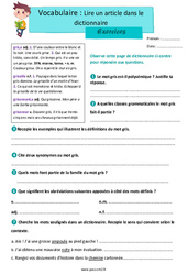 Lire un article dictionnaire - Exercices avec les corrections : Primaire 5 - PDF à imprimer