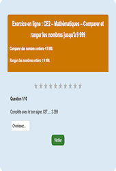 Comparer et ranger les nombres jusqu'à 9 999 - Fiches Exercice en ligne  - Fiches Mathématiques - Numération : Primaire 3