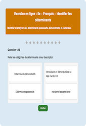 Les déterminants - Fiches Exercice en ligne  - Fiches Français - Grammaire : Secondaire 1