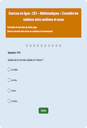 Monnaie et prix euros - Fiches  - Exercice en ligne (1) : Primaire 2