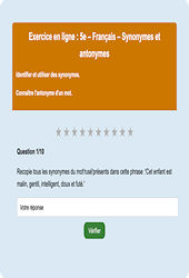 Synonymes et antonymes - Fiches  - Exercice en ligne : Secondaire 1