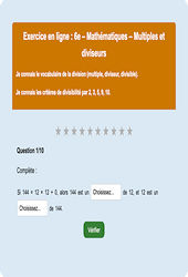 Multiples et diviseurs - Fiches  - Exercice en ligne : Primaire 6