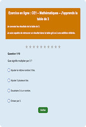 Table de 3 - Tables de multiplication - Fiches Exercice en ligne  - Fiches Mathématiques - Calculs : Primaire 2