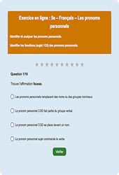 Les pronoms personnels - Fiches Exercice en ligne  - Fiches Français - Grammaire : Secondaire 1