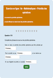Priorités opératoires - Fiches Exercice en ligne  - Fiches Mathématiques - Nombres et calculs : Primaire 6