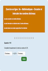 Encadrer et intercaler des nombres décimaux - Fiches Exercice en ligne  - Fiches Mathématiques - Nombres et calculs : Primaire 6