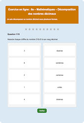 Décomposition des nombres décimaux - Fiches Exercice en ligne  - Fiches Mathématiques - Nombres et calculs : Primaire 6