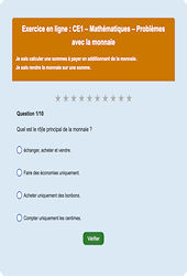 Monnaie et prix euros - Fiches  - Exercice en ligne (2) : Primaire 2