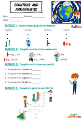 Countries and Nationalities - Vocabulaire - Exercices - Apprends l’anglais avec Kelly and James : Primaire 1, 3, 4, 5 - PDF à imprimer