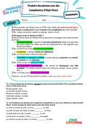 Produire des phrases avec des compléments d’objet direct (COD) - Exercices Pas à Pas : Secondaire 1 - PDF à imprimer