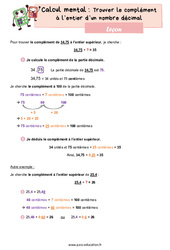 Trouver le complément à l’entier d’un nombre décimal - Cours, Leçon : Primaire 4 - PDF gratuit à imprimer