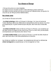 Les climats en Europe - Cours, Leçon géographie  : Primaire 4, 5 - PDF à imprimer