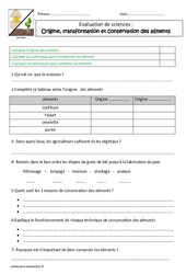 Origine, transformation et conservation des aliments - Examen Evaluation : Primaire 4, 5 - PDF à imprimer