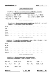 Nombres décimaux - Examen Evaluation- Fiches lire, écrire et comparer : Primaire 4, 5 - PDF à imprimer
