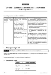 Calcul littéral - Cours - Exercices - Mathématiques : Secondaire 3 - PDF à imprimer