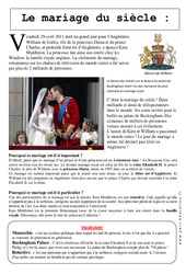 Le mariage du siècle - Kate et William - Documentaire - Lecture : Primaire 3 - PDF à imprimer