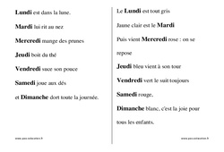 Jours de la semaine - Chants - Comptines - Fiches  : Maternelle 1, 2 - PDF à imprimer