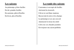 Saisons - Chants - Comptines - Fiches  : Maternelle 1, 2 - PDF à imprimer