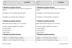 Durée - Mesures - Exercices corrigés sur les secondes, minutes, heures, jours, semaines, mois, années : Primaire 3 - PDF à imprimer