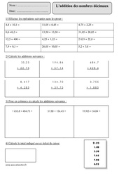 Addition des nombres décimaux - Exercices corrigés - Calcul - Mathématiques : Primaire 5 - PDF à imprimer