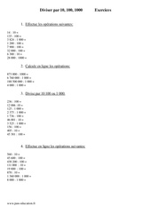 Diviser par 10, 100, 1000 - Exercices - Calcul - Mathématiques : Primaire 4 - PDF à imprimer