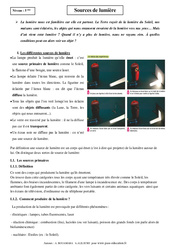 Sources de lumière - Cours - Physique - Chimie : Secondaire 1 - PDF à imprimer