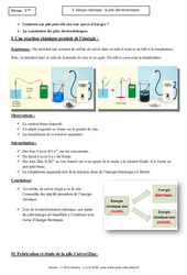 Energie chimique - Pile électrochimique - Cours - Physique - Chimie : Secondaire 3 - PDF à imprimer