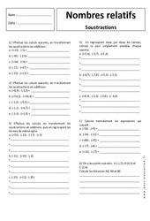 Soustraction - Nombres relatifs - Exercices corrigés : Secondaire 1 - PDF à imprimer