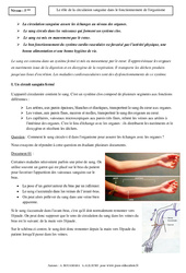 Rôle de la circulation sanguine dans le fonctionnement de l'organisme - Cours - SVT : Secondaire 1 - PDF à imprimer