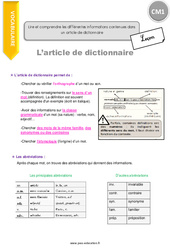 Lire et comprendre les différentes informations contenues dans un article de dictionnaire - Cours, Leçon : Primaire 4 - PDF à imprimer