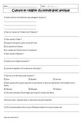 Culture et religion du monde grec antique - Exercices corrigés - Civilisation grecque : Primaire 6 - PDF à imprimer