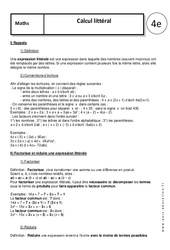 Calcul littéral - Cours : Secondaire 2 - PDF à imprimer